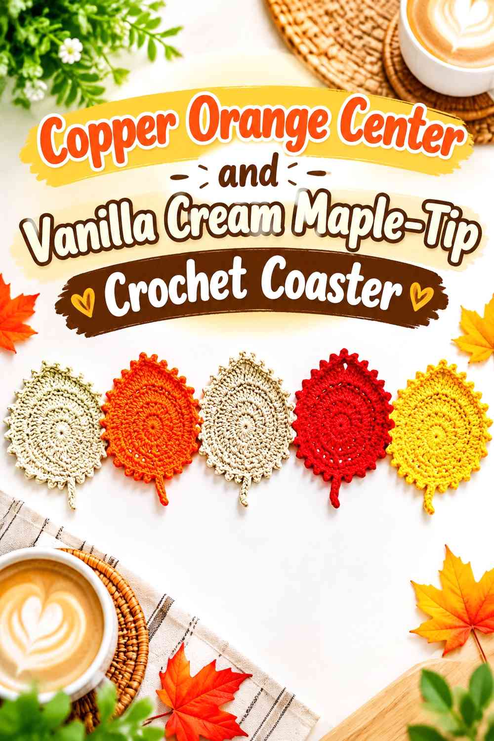 Copper Orange Center and Vanilla Cream Maple-Tip Crochet Coaster