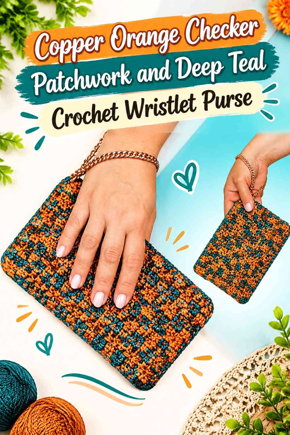 Copper Orange Checker Patchwork and Deep Teal Crochet Wristlet Purse