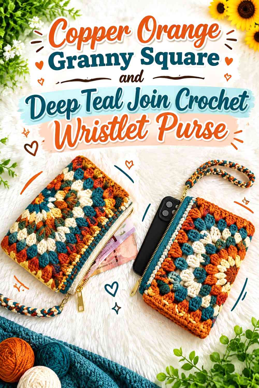 Copper Orange Granny Square and Deep Teal Join Crochet Wristlet Purse