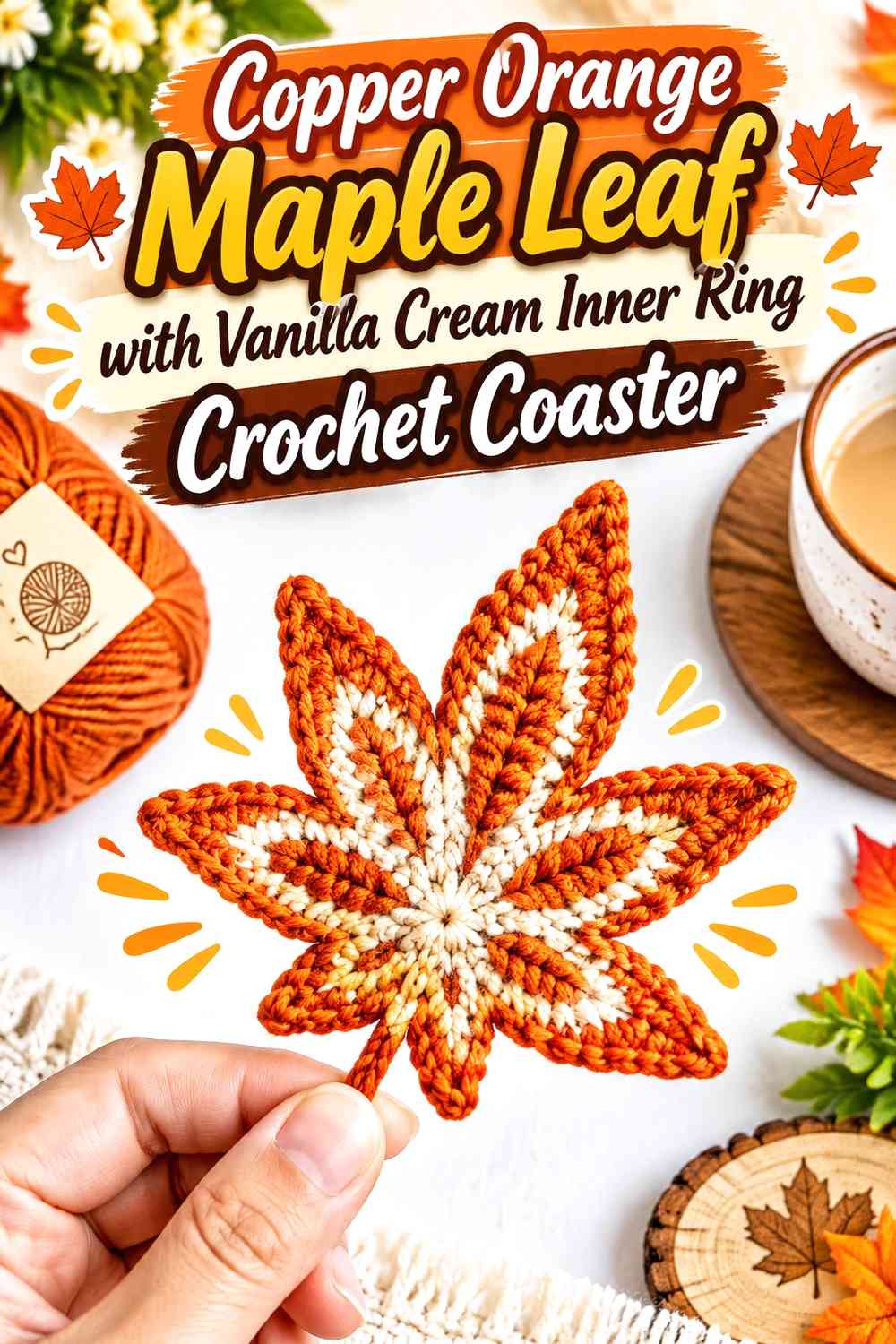 Copper Orange Maple Leaf with Vanilla Cream Inner Ring Crochet Coaster