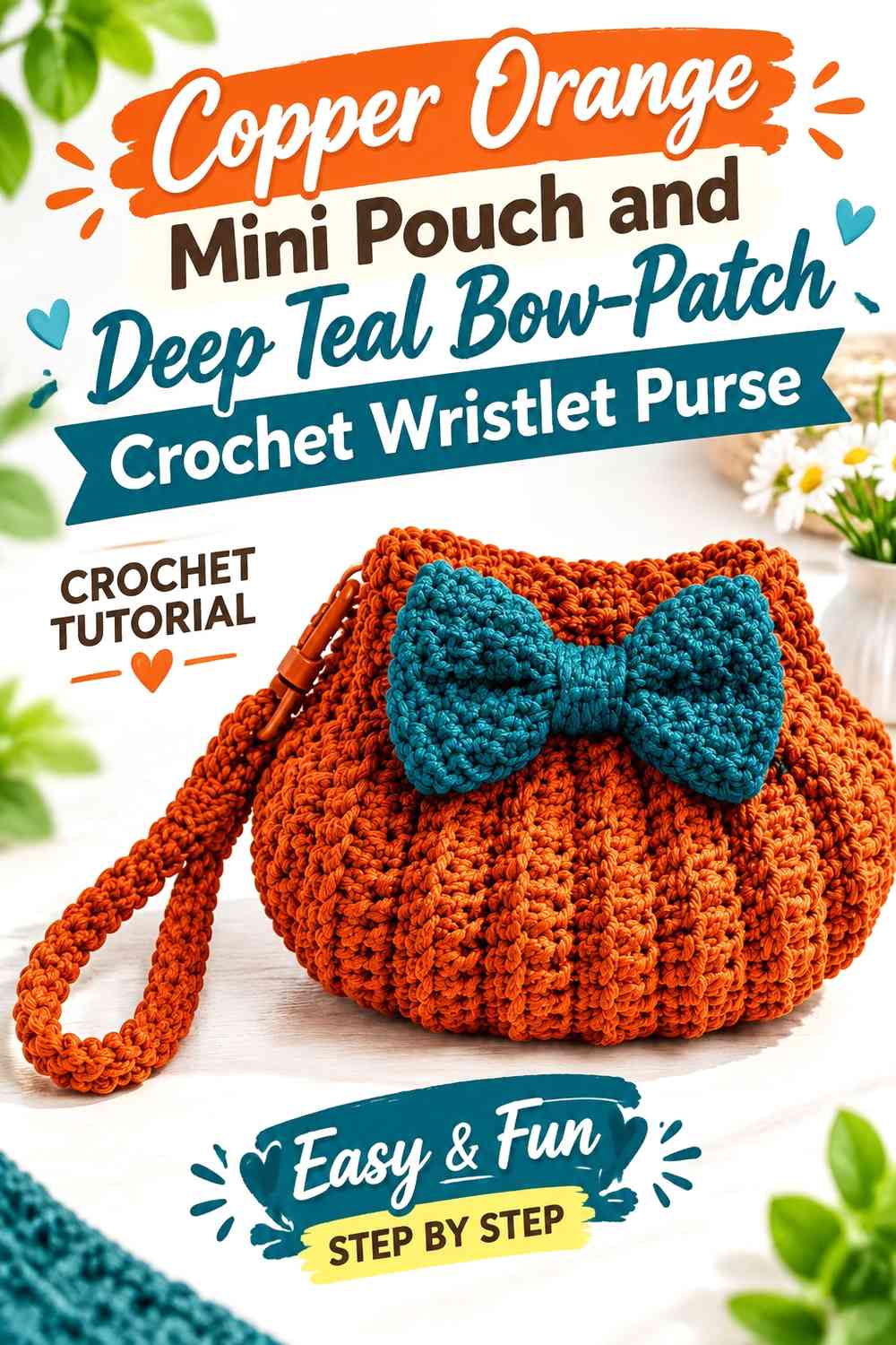 Copper Orange Mini Pouch and Deep Teal Bow-Patch Crochet Wristlet Purse
