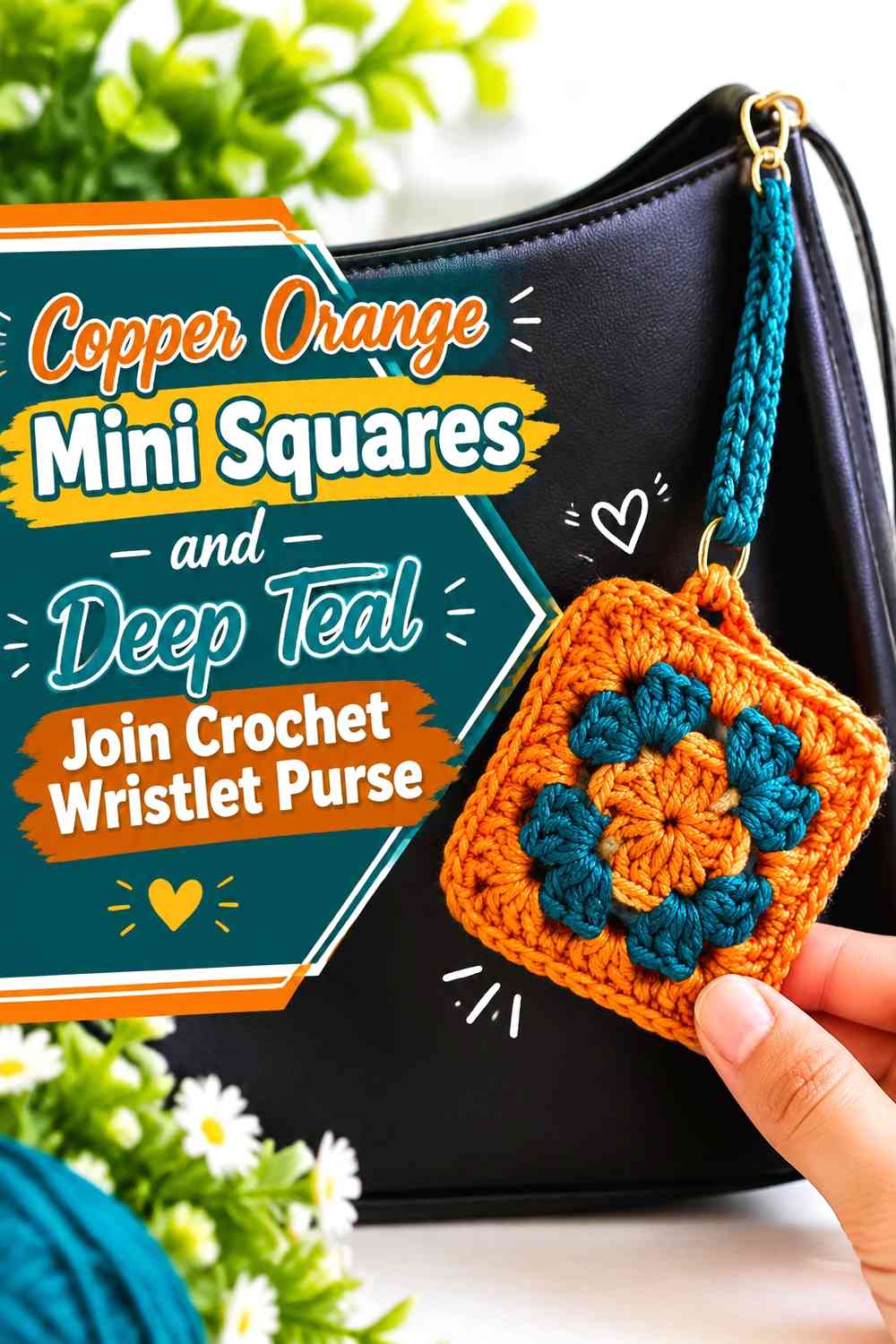 Copper Orange Mini Squares and Deep Teal Join Crochet Wristlet Purse