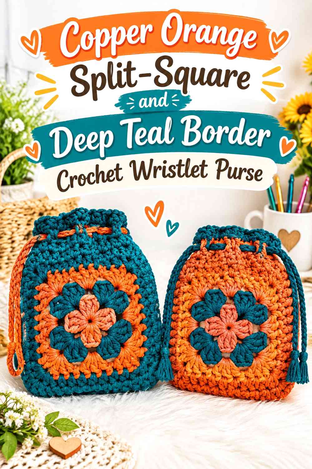 Copper Orange Split-Square and Deep Teal Border Crochet Wristlet Purse