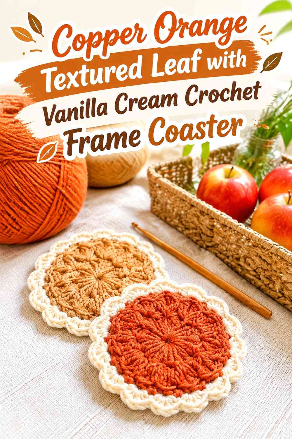 Copper Orange Textured Leaf with Vanilla Cream Crochet Frame Coaster