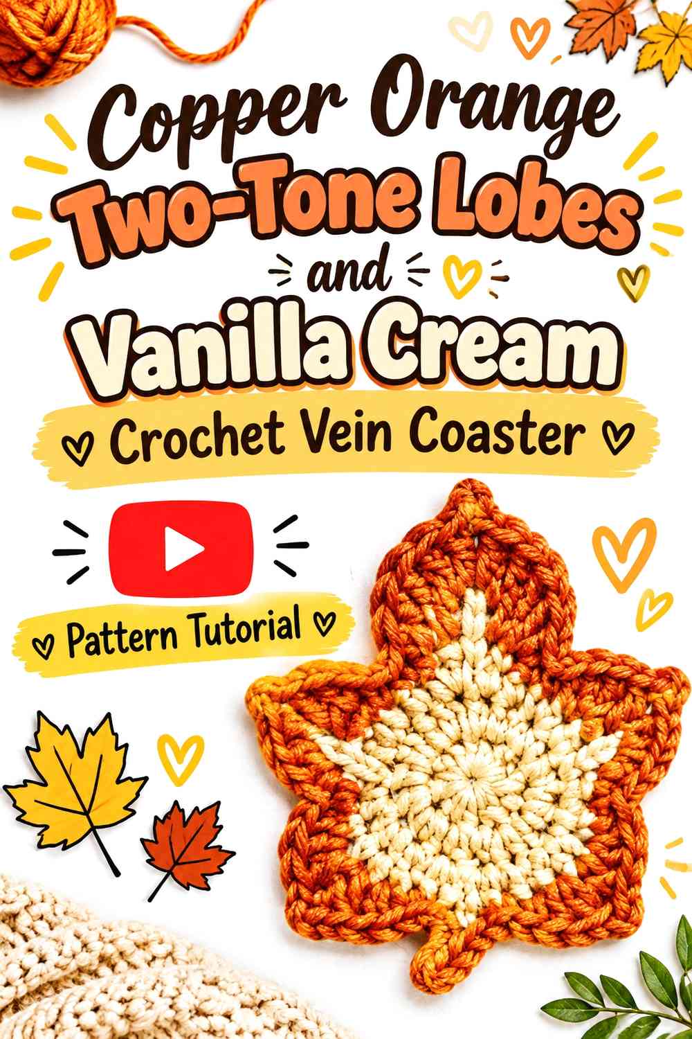 Copper Orange Two-Tone Lobes and Vanilla Cream Crochet Vein Coaster