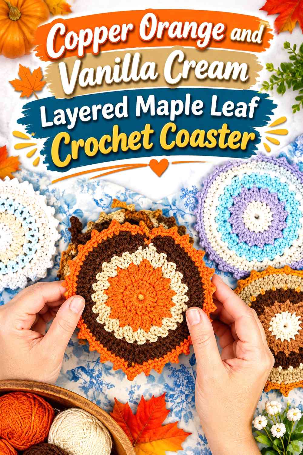 Copper Orange and Vanilla Cream Layered Maple Leaf Crochet Coaster