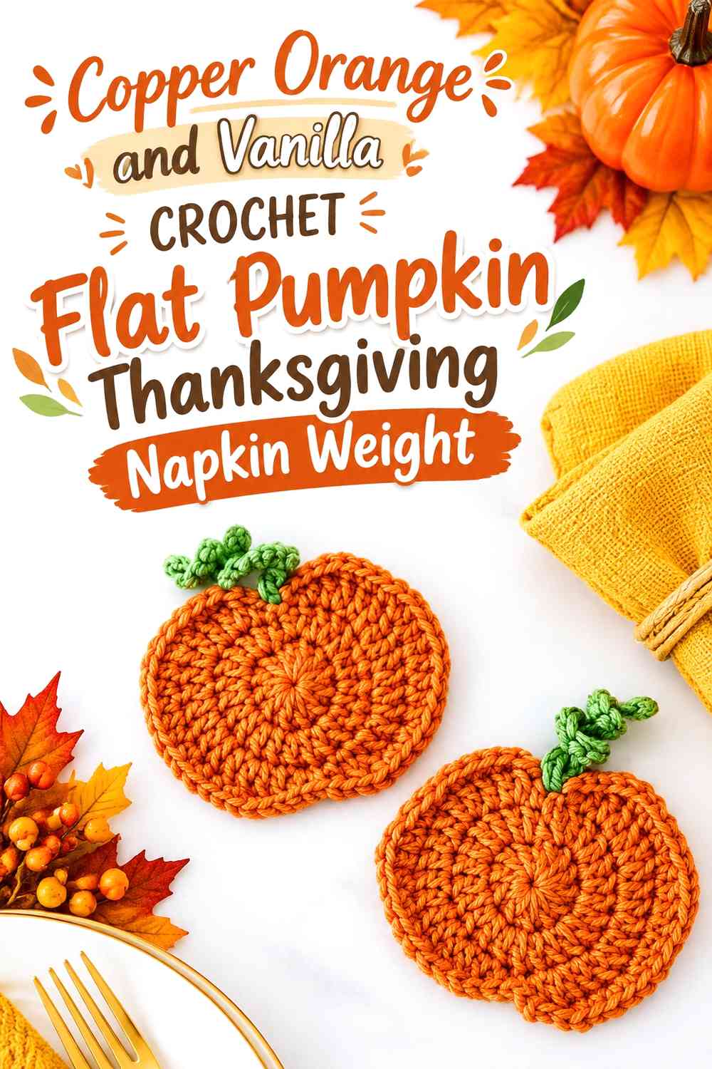 Copper Orange and Vanilla Crochet Flat Pumpkin Thanksgiving Napkin Weight