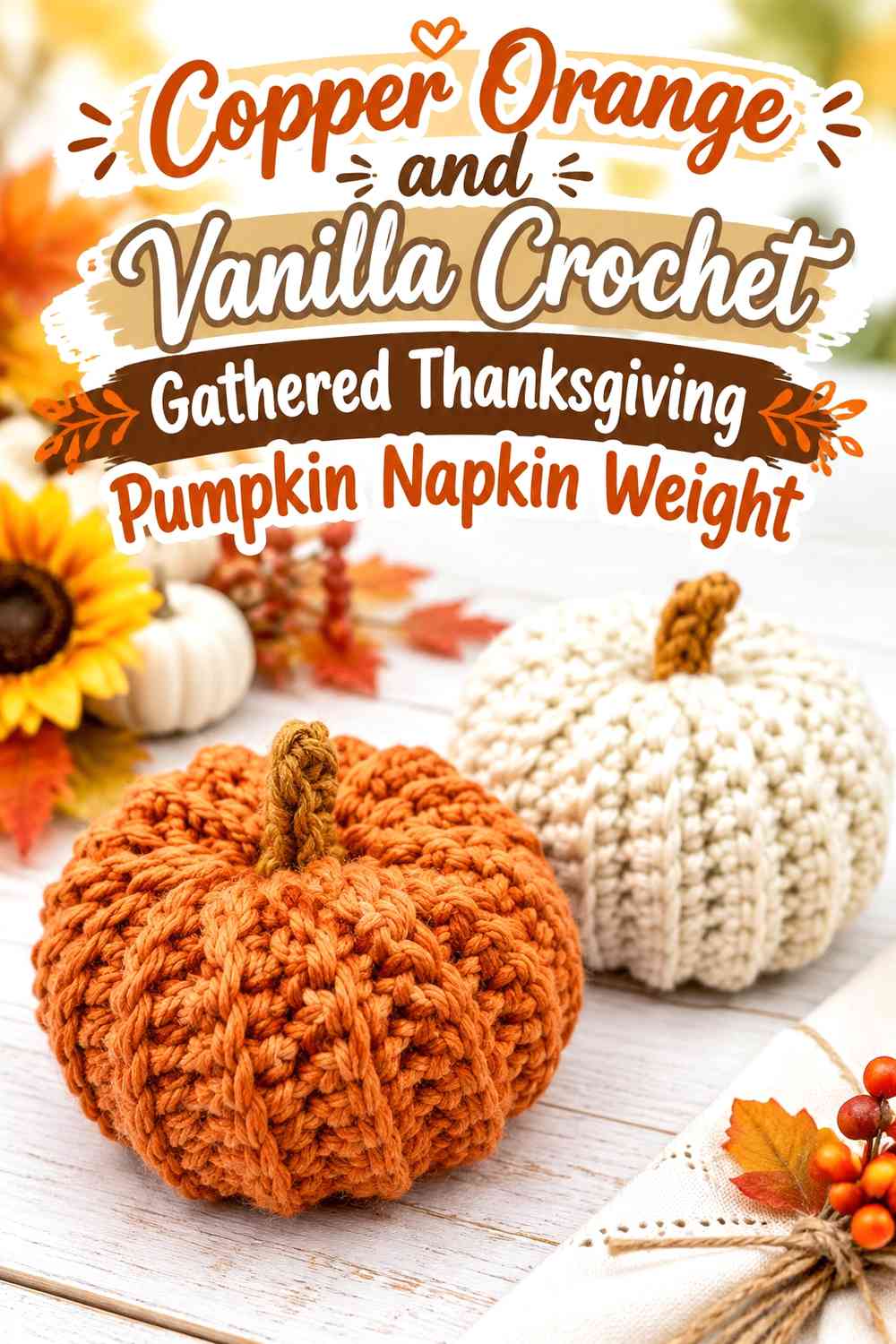 Copper Orange and Vanilla Crochet Gathered Thanksgiving Pumpkin Napkin Weight