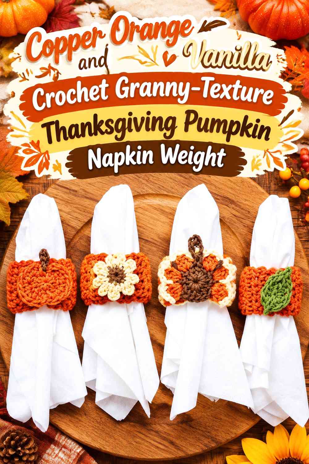 Copper Orange and Vanilla Crochet Granny-Texture Thanksgiving Pumpkin Napkin Weight