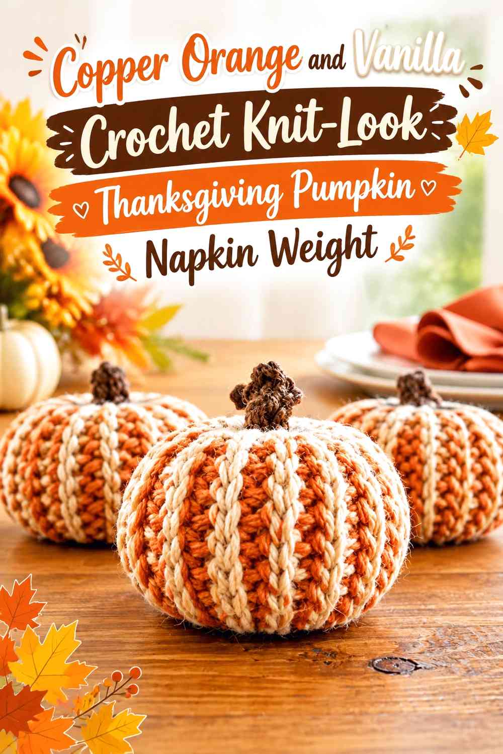 Copper Orange and Vanilla Crochet Knit-Look Thanksgiving Pumpkin Napkin Weight