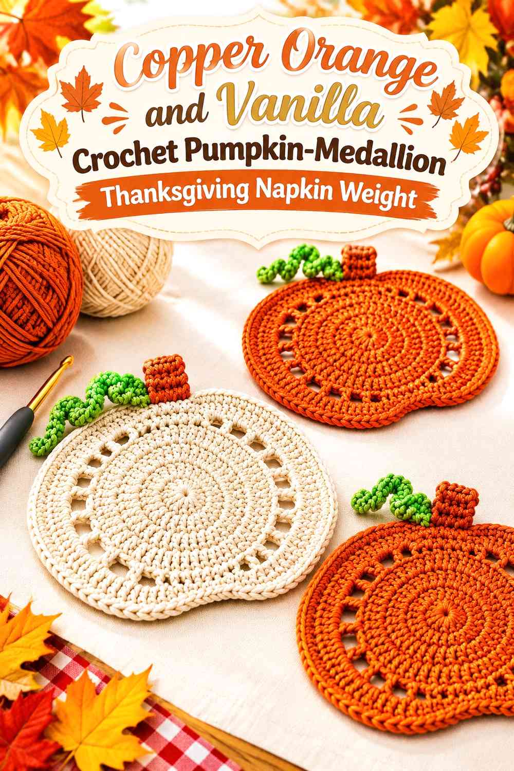 Copper Orange and Vanilla Crochet Pumpkin-Medallion Thanksgiving Napkin Weight