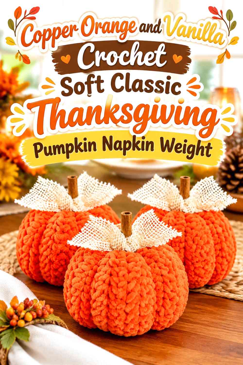 Copper Orange and Vanilla Crochet Soft Classic Thanksgiving Pumpkin Napkin Weight