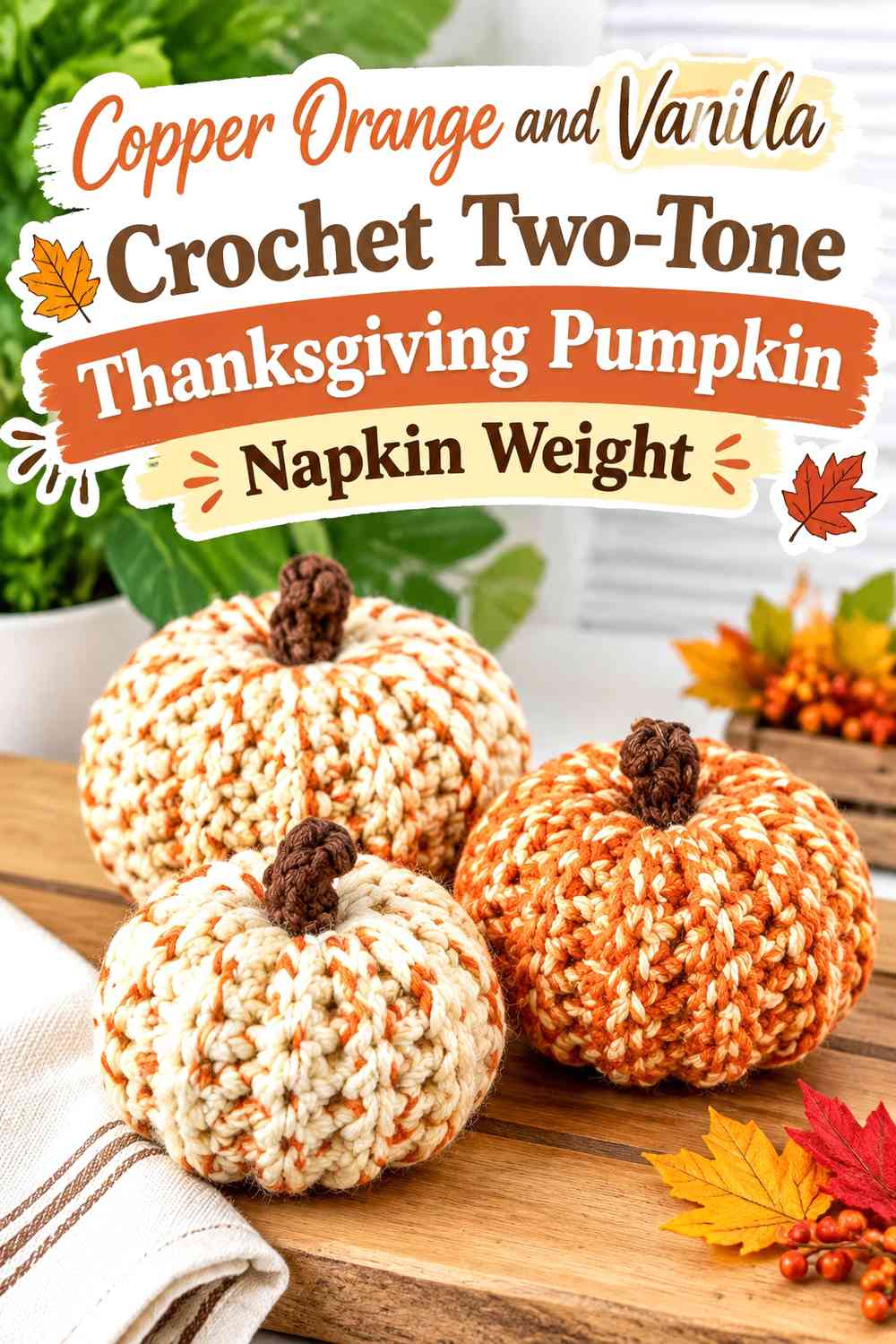 Copper Orange and Vanilla Crochet Two-Tone Thanksgiving Pumpkin Napkin Weight