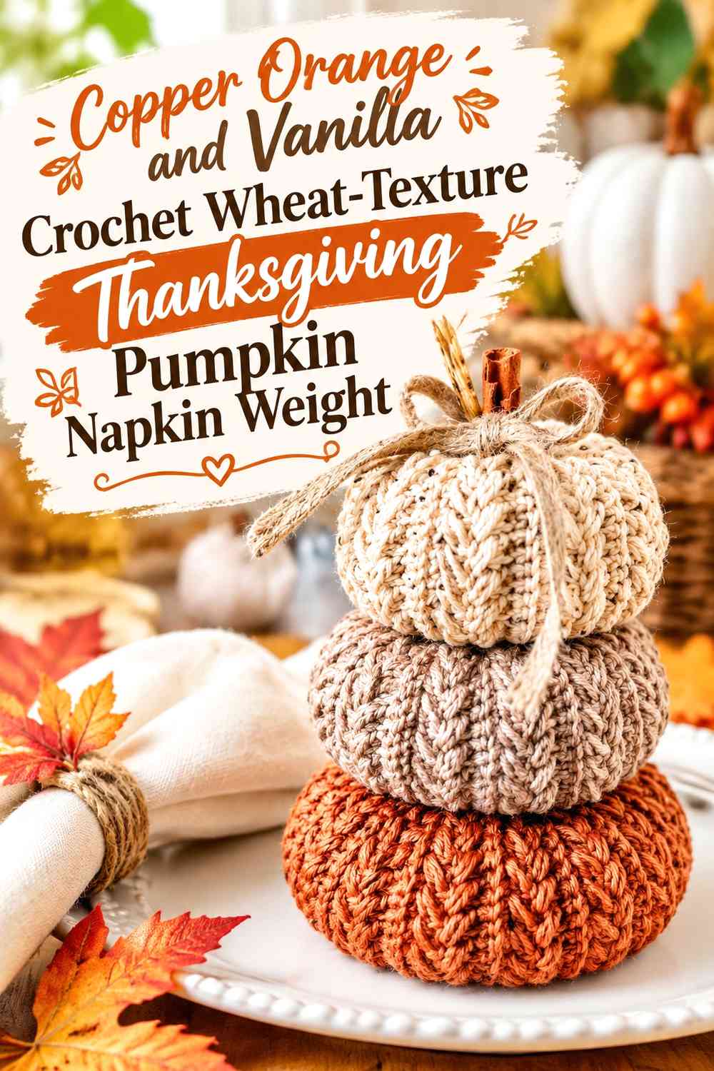 Copper Orange and Vanilla Crochet Wheat-Texture Thanksgiving Pumpkin Napkin Weight