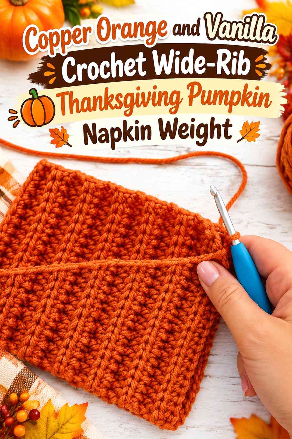 Copper Orange and Vanilla Crochet Wide-Rib Thanksgiving Pumpkin Napkin Weight