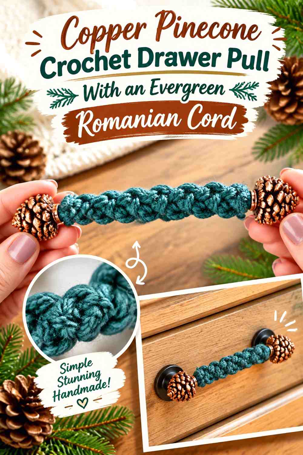 Copper Pinecone Crochet Drawer Pull With an Evergreen Romanian Cord