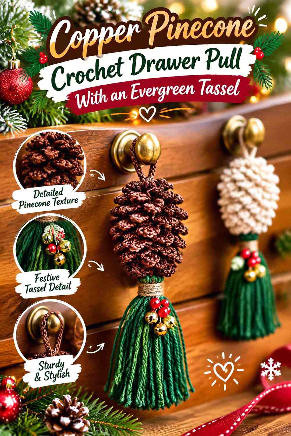 Copper Pinecone Crochet Drawer Pull With an Evergreen Tassel
