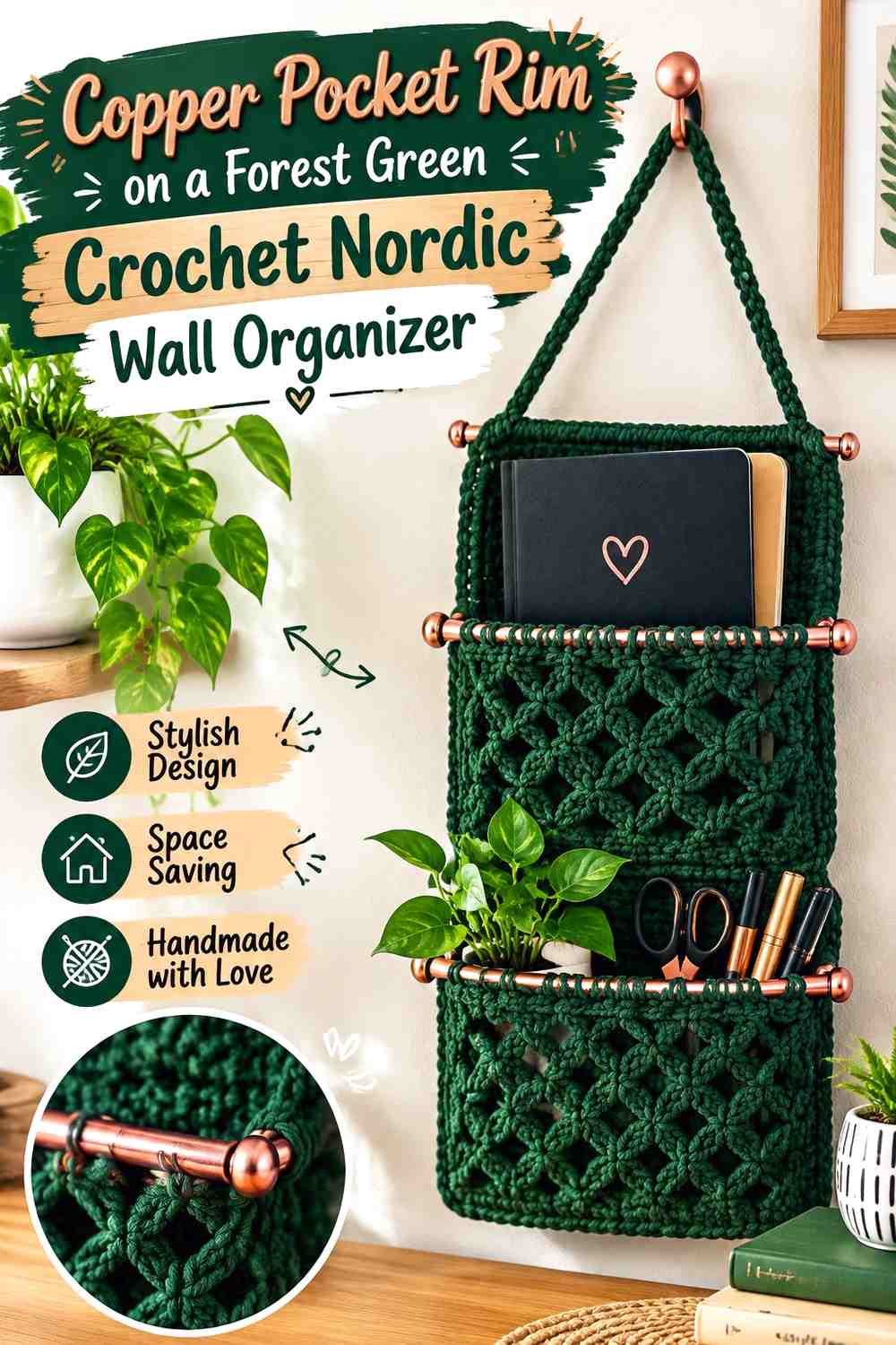 Copper Pocket Rim on a Forest Green Crochet Nordic Wall Organizer