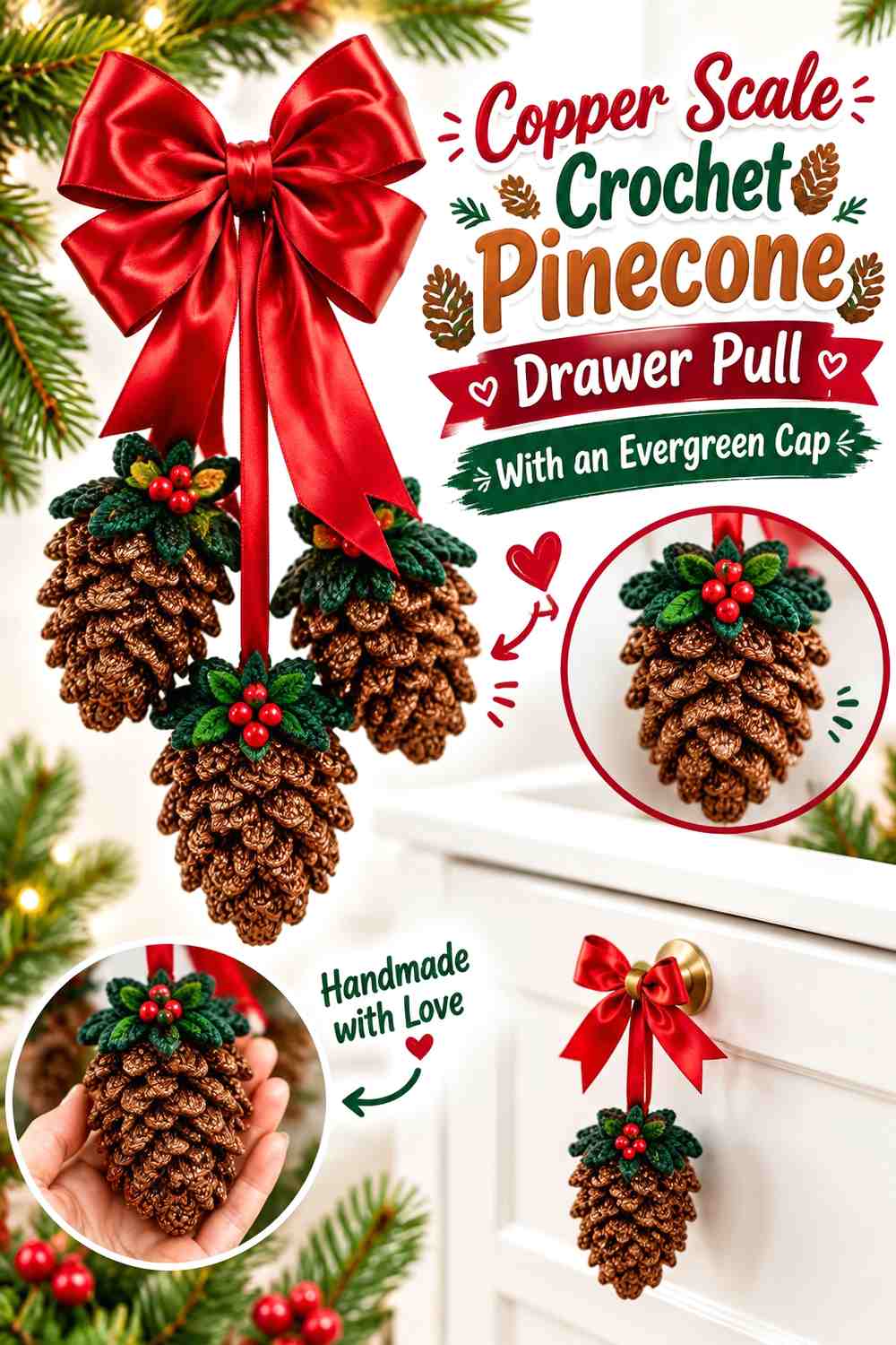 Copper Scale Crochet Pinecone Drawer Pull With an Evergreen Cap