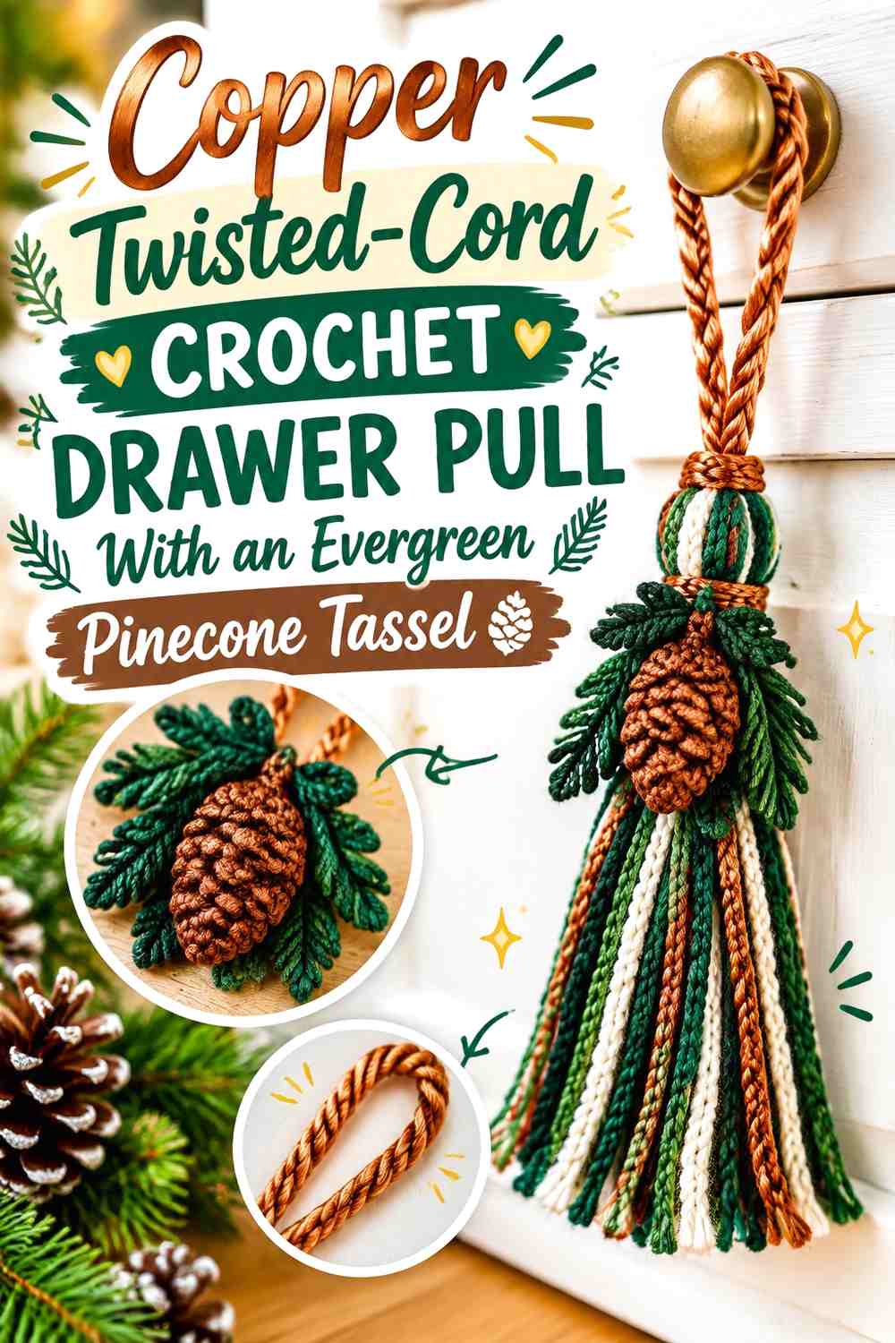 Copper Twisted-Cord Crochet Drawer Pull With an Evergreen Pinecone Tassel
