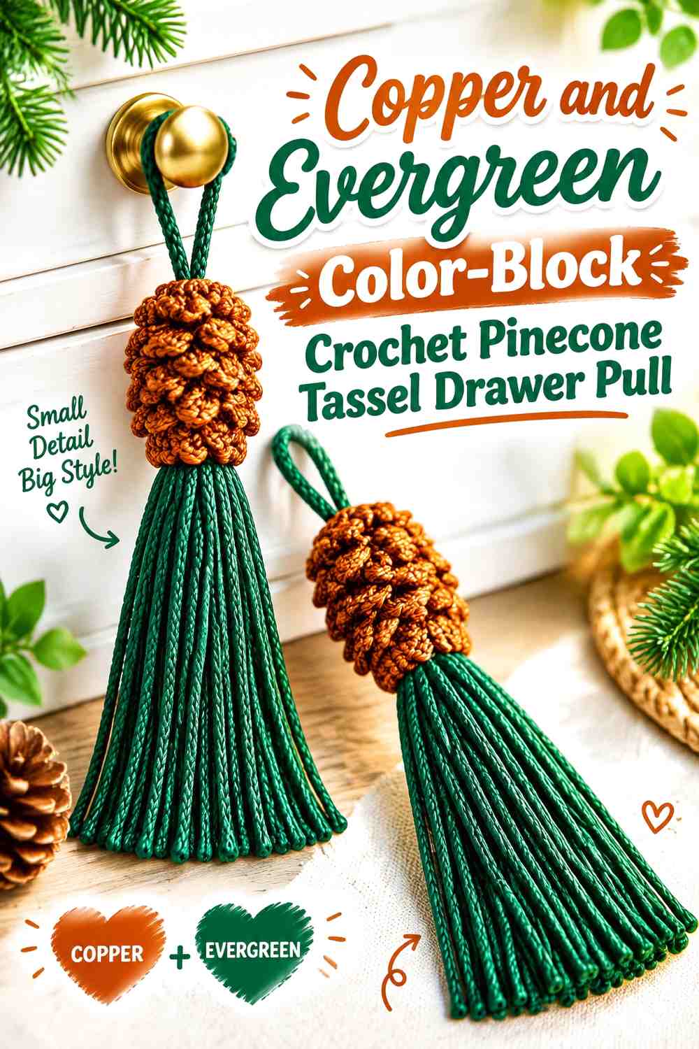 Copper and Evergreen Color-Block Crochet Pinecone Tassel Drawer Pull