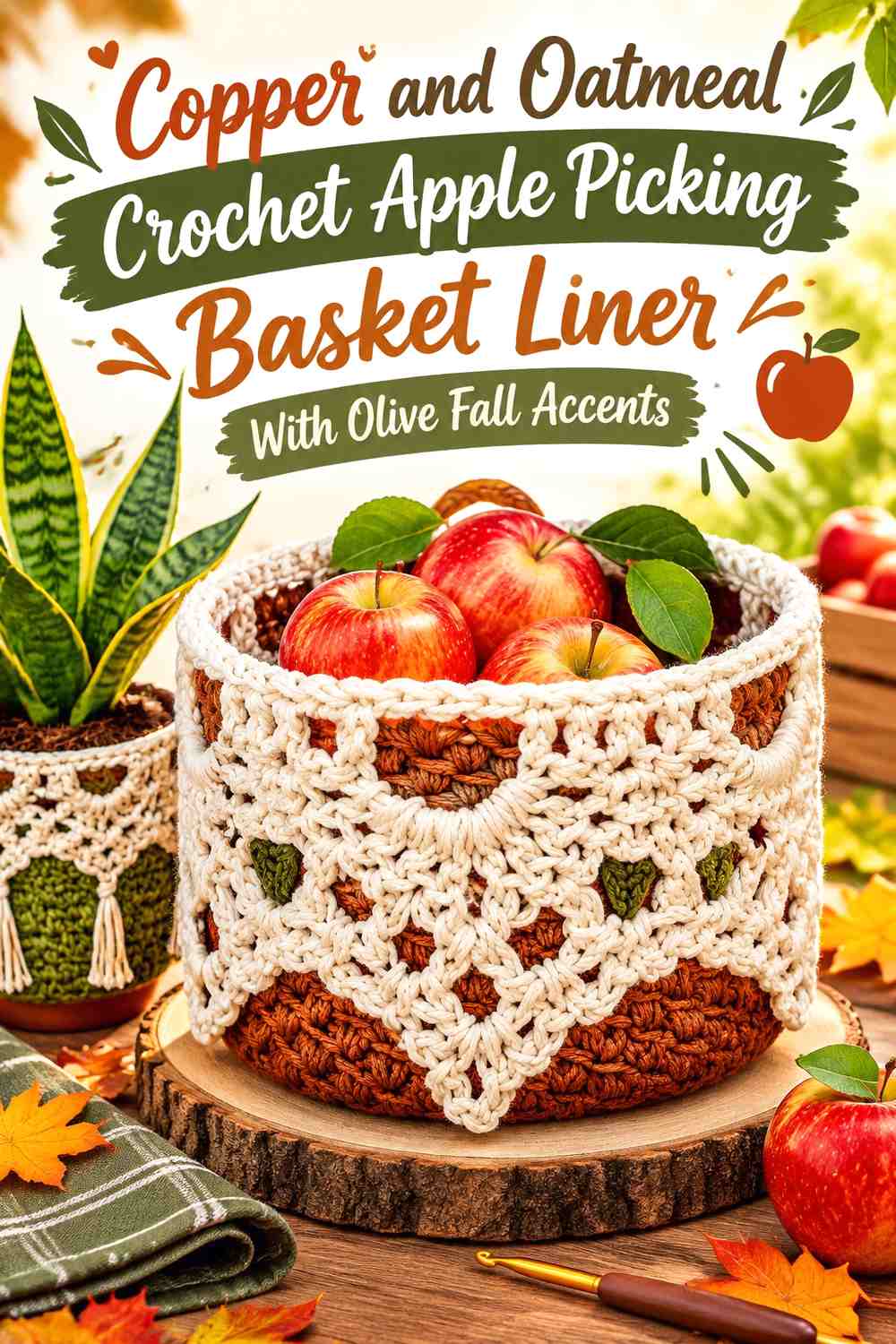 Copper and Oatmeal Crochet Apple Picking Basket Liner With Olive Fall Accents