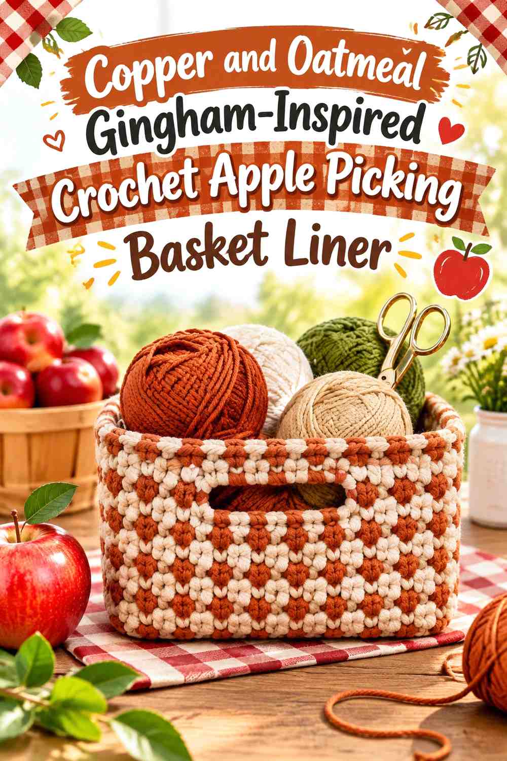 Copper and Oatmeal Gingham-Inspired Crochet Apple Picking Basket Liner