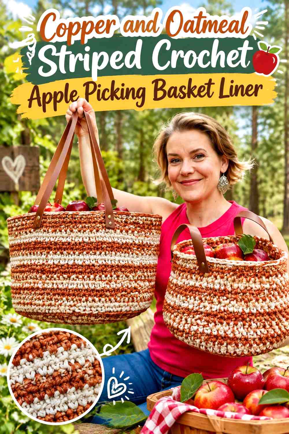 Copper and Oatmeal Striped Crochet Apple Picking Basket Liner