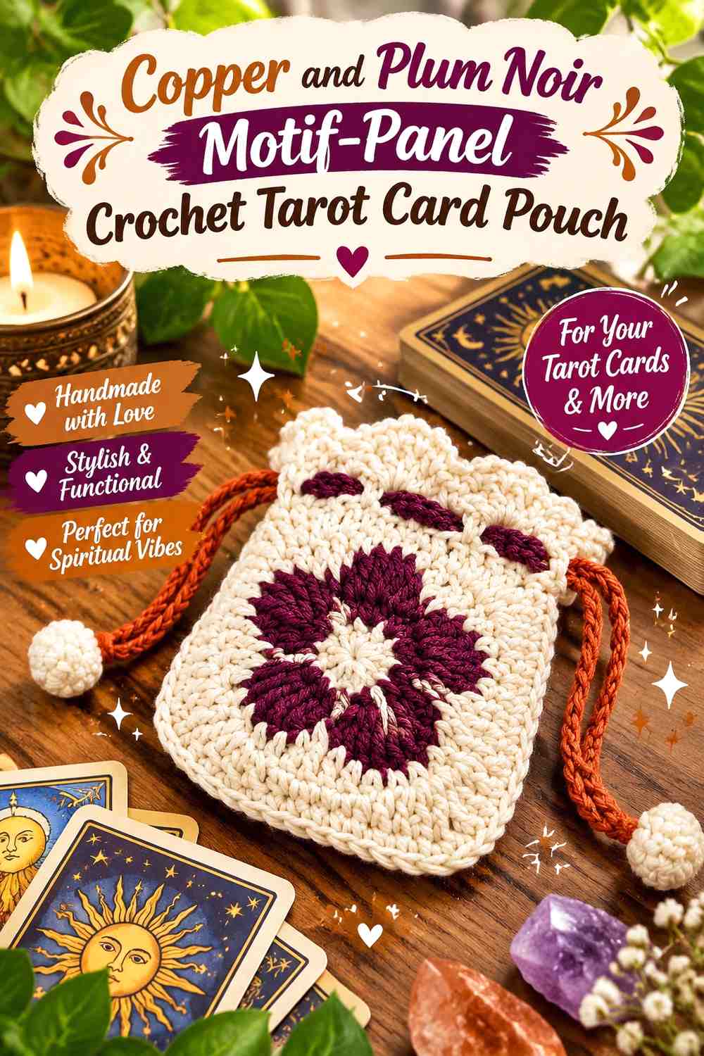 Copper and Plum Noir Motif-Panel Crochet Tarot Card Pouch