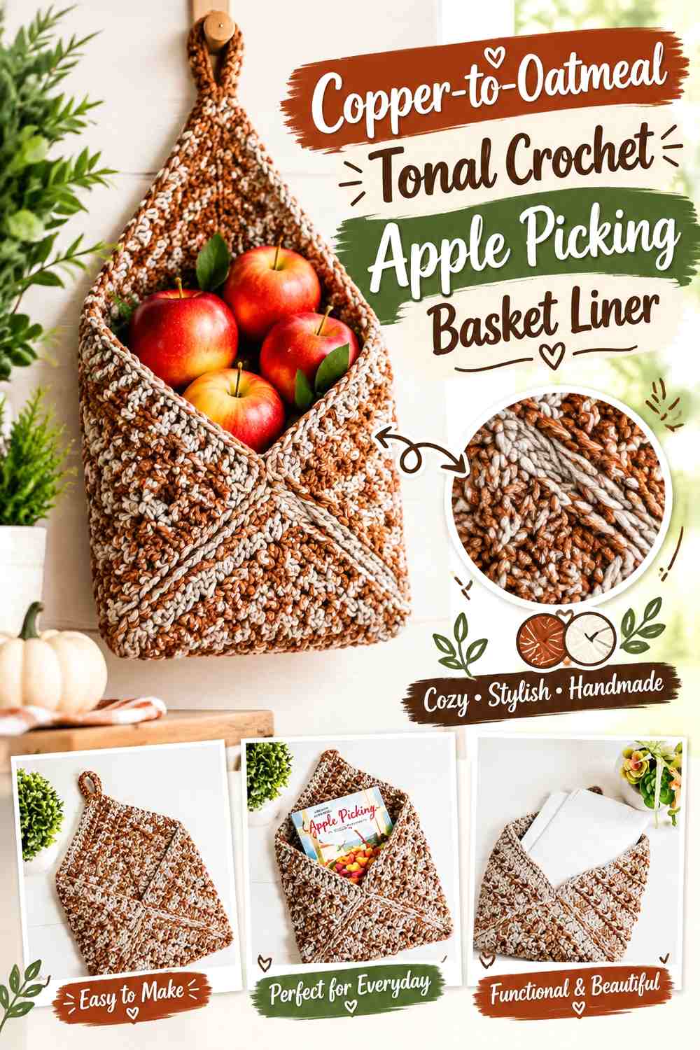 Copper-to-Oatmeal Tonal Crochet Apple Picking Basket Liner