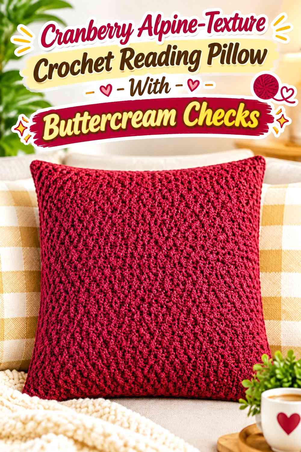 Cranberry Alpine-Texture Crochet Reading Pillow With Buttercream Checks