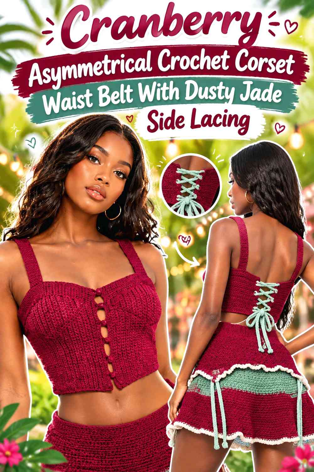 Cranberry Asymmetrical Crochet Corset Waist Belt With Dusty Jade Side Lacing