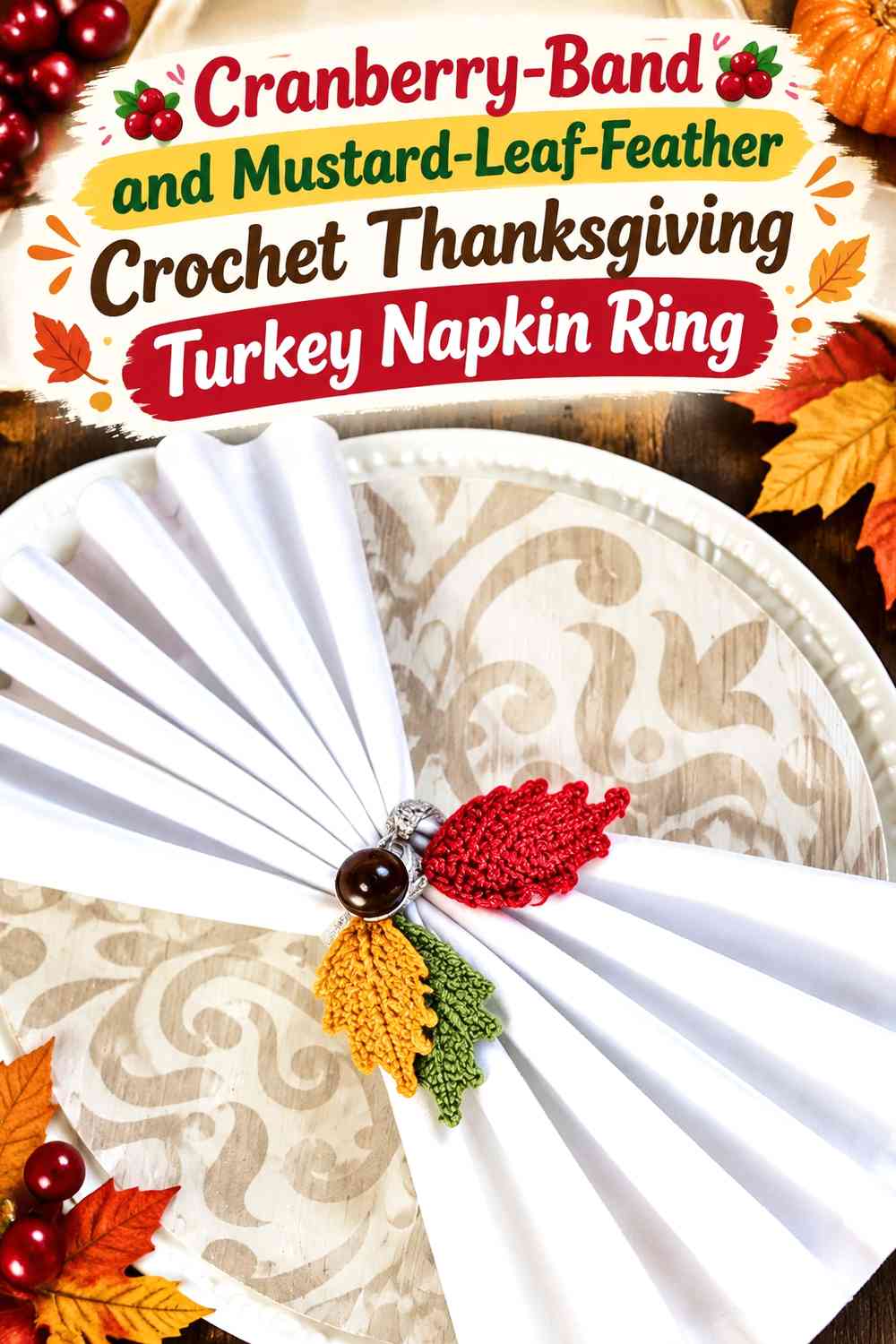 Cranberry-Band and Mustard-Leaf-Feather Crochet Thanksgiving Turkey Napkin Ring