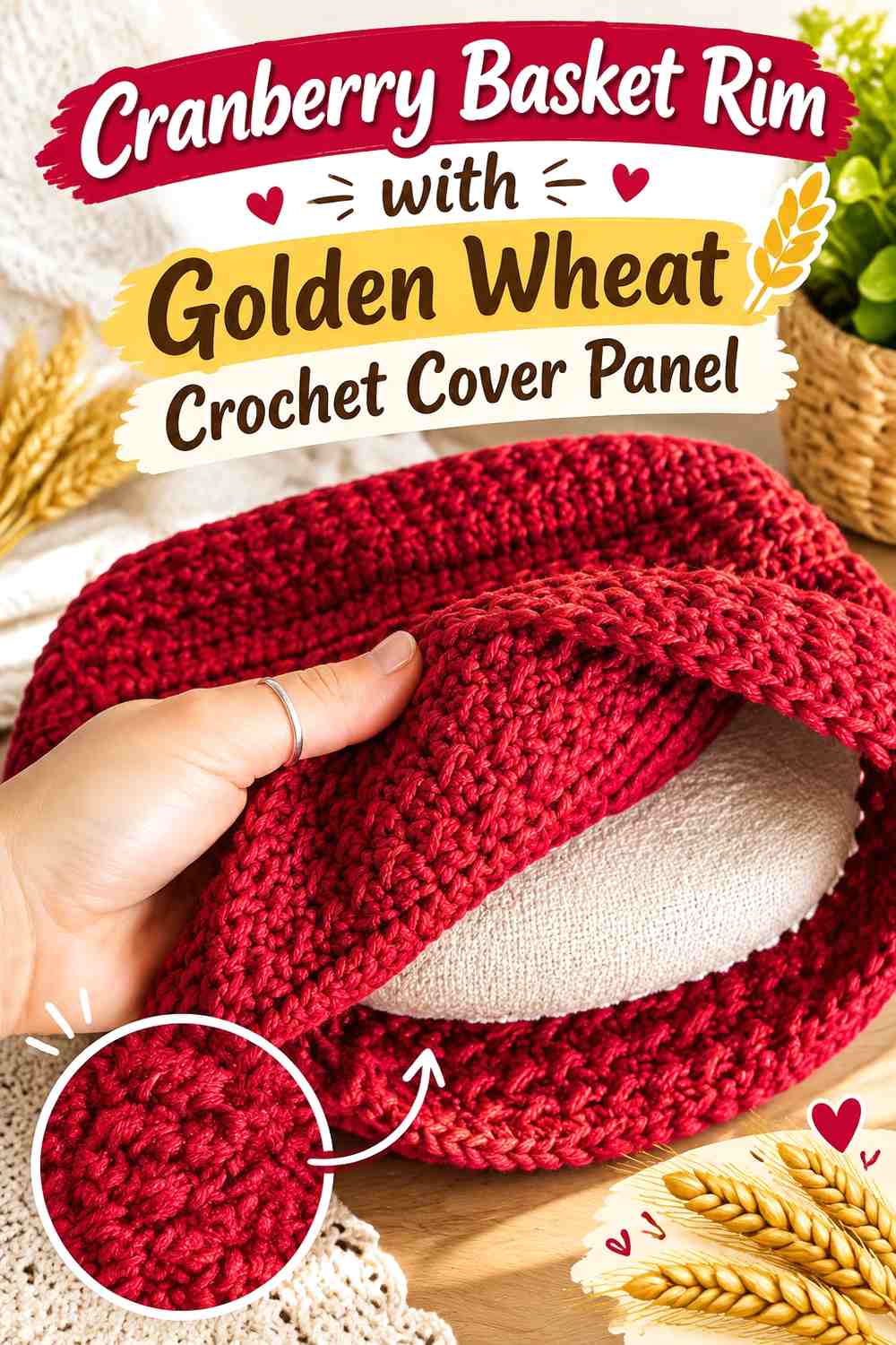 Cranberry Basket Rim with Golden Wheat Crochet Cover Panel