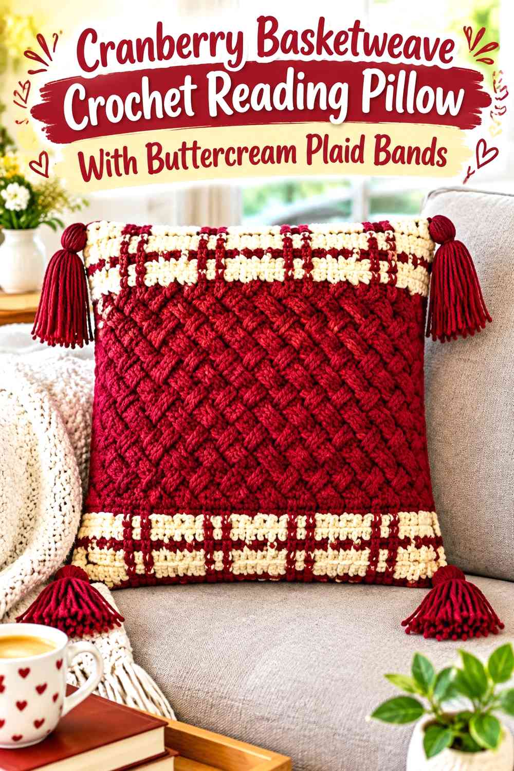 Cranberry Basketweave Crochet Reading Pillow With Buttercream Plaid Bands