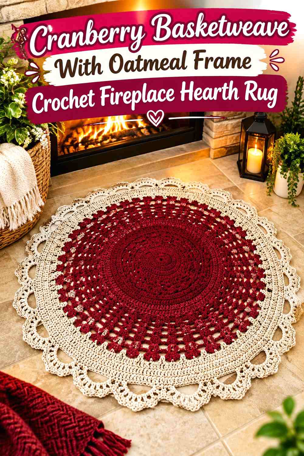 Cranberry Basketweave With Oatmeal Frame Crochet Fireplace Hearth Rug