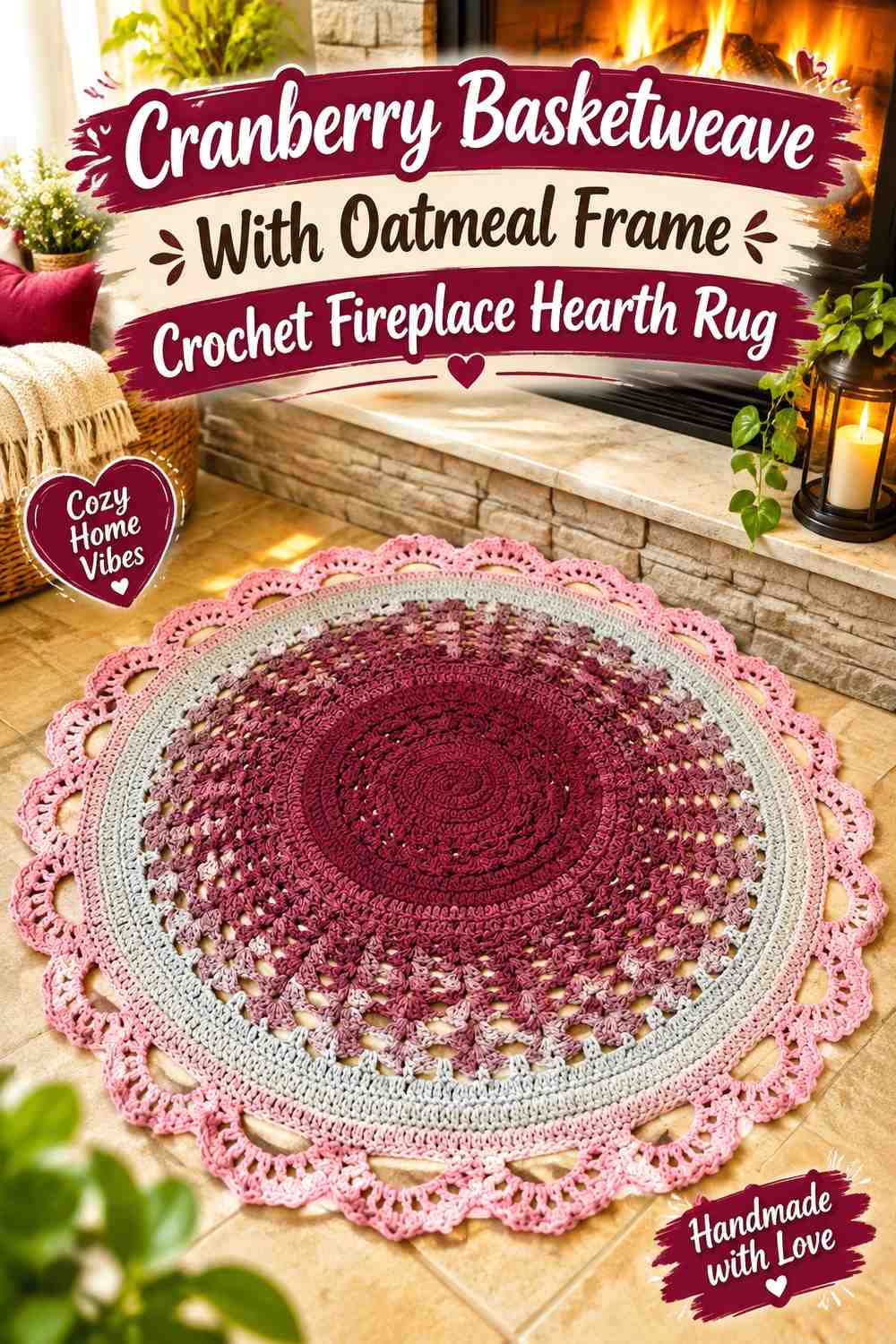 Cranberry Basketweave With Oatmeal Frame Crochet Fireplace Hearth Rug