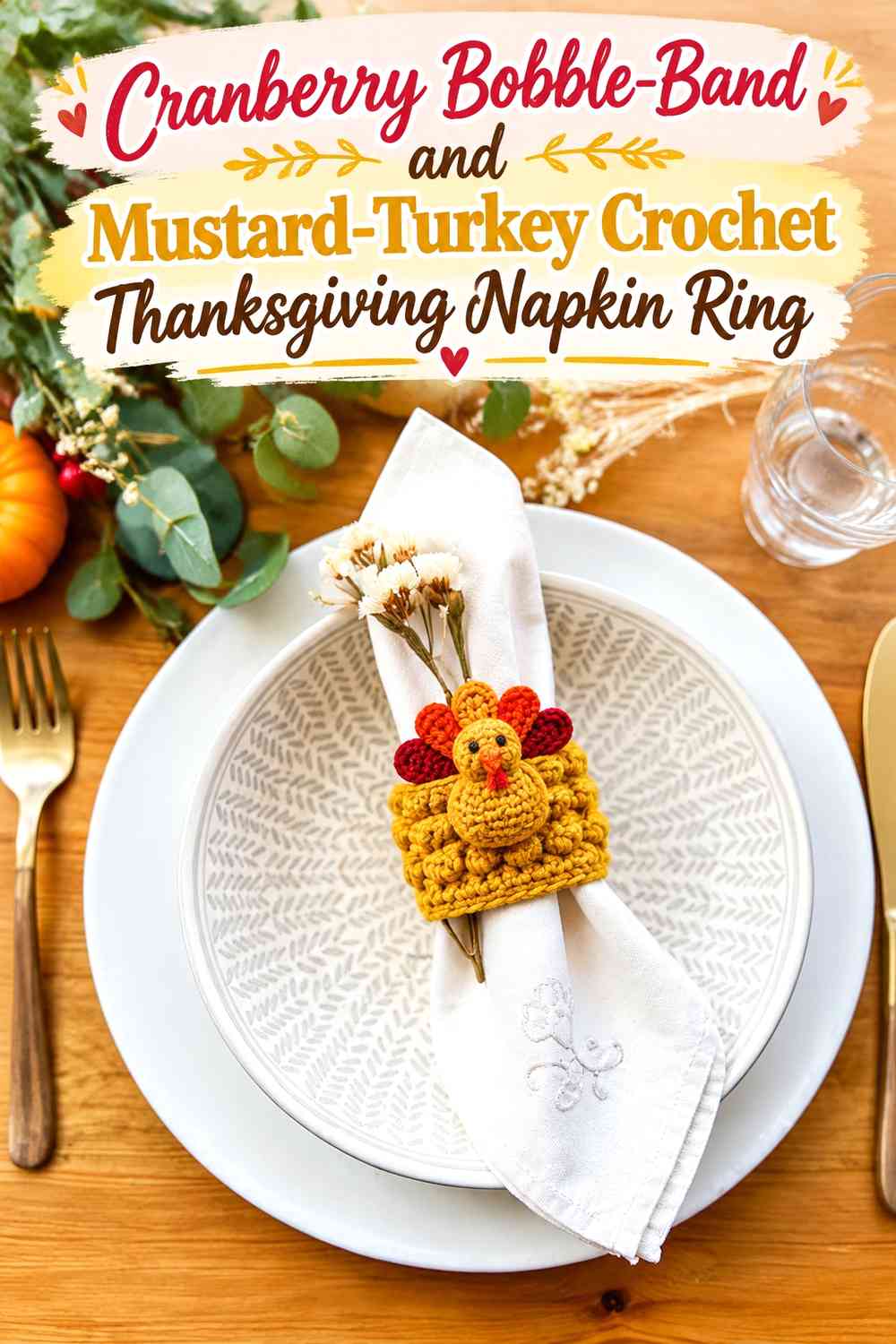 Cranberry Bobble-Band and Mustard-Turkey Crochet Thanksgiving Napkin Ring