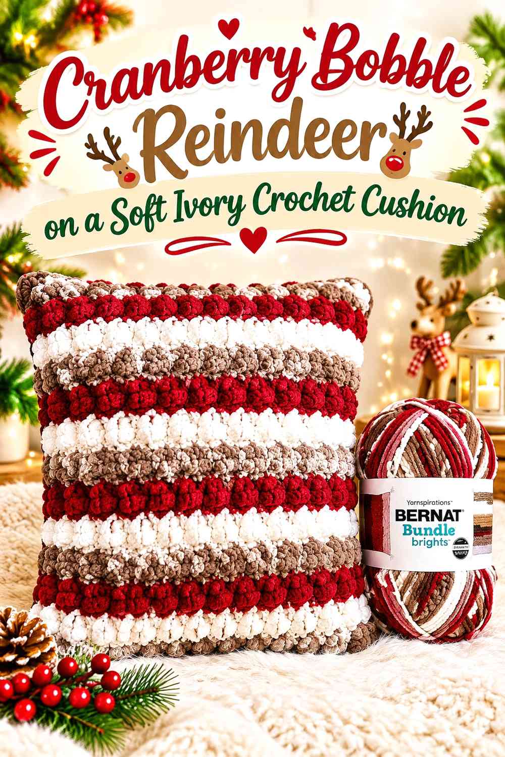 Cranberry Bobble Reindeer on a Soft Ivory Crochet Cushion