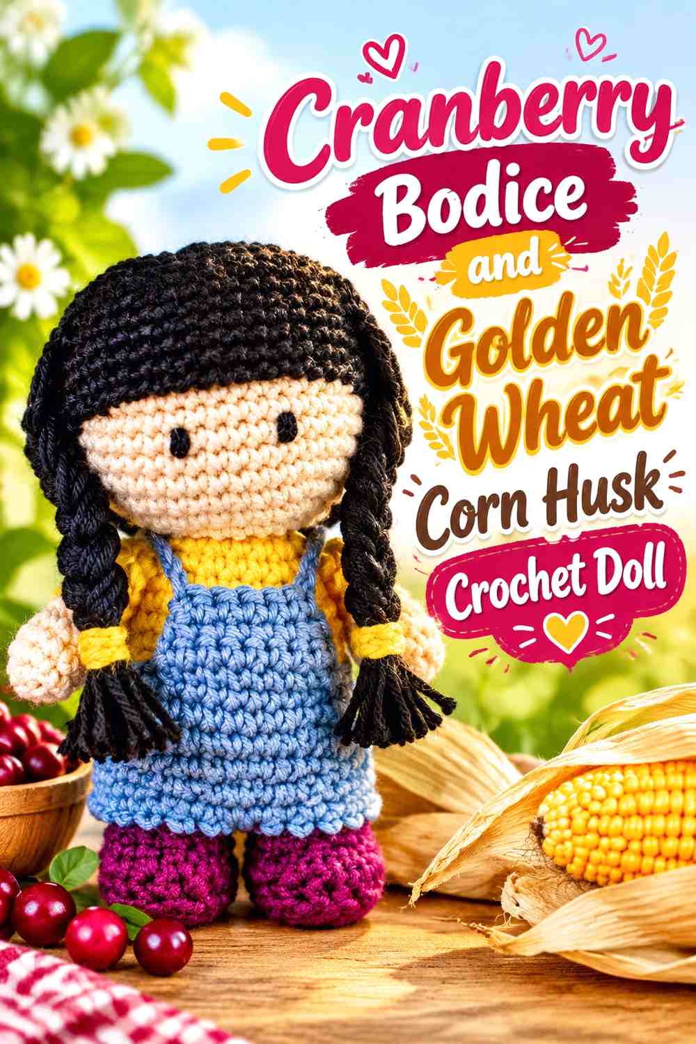 Cranberry Bodice and Golden Wheat Corn Husk Crochet Doll