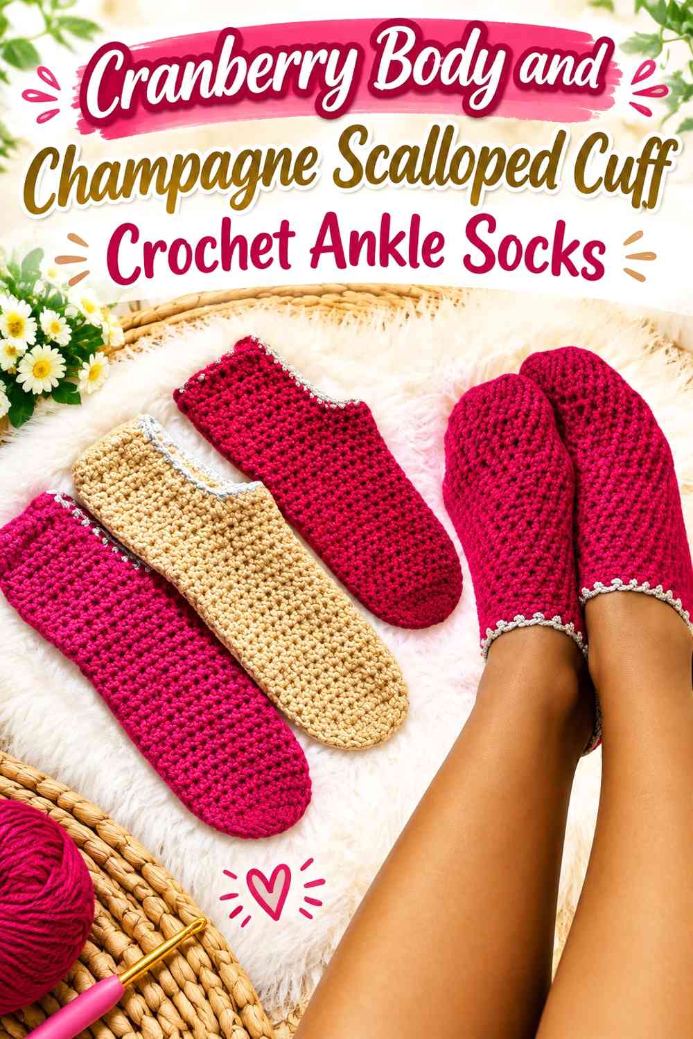 Cranberry Body and Champagne Scalloped Cuff Crochet Ankle Socks
