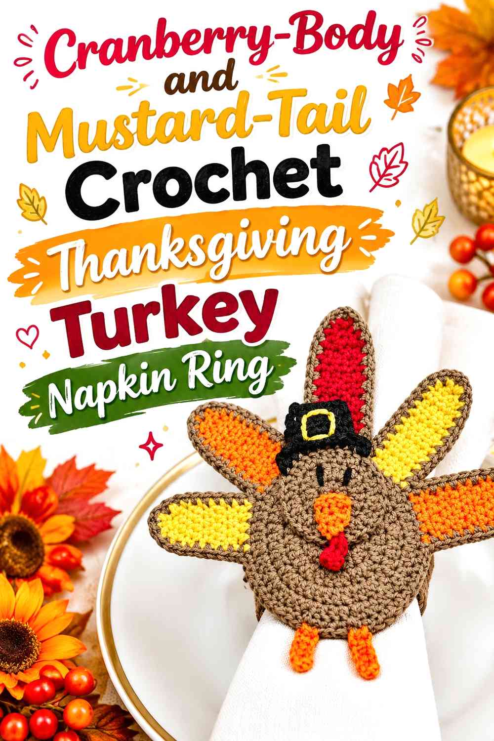 Cranberry-Body and Mustard-Tail Crochet Thanksgiving Turkey Napkin Ring
