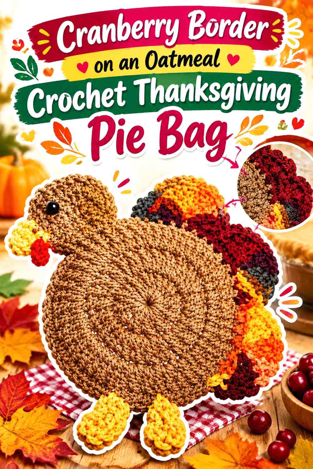 Cranberry Border on an Oatmeal Crochet Thanksgiving Pie Bag