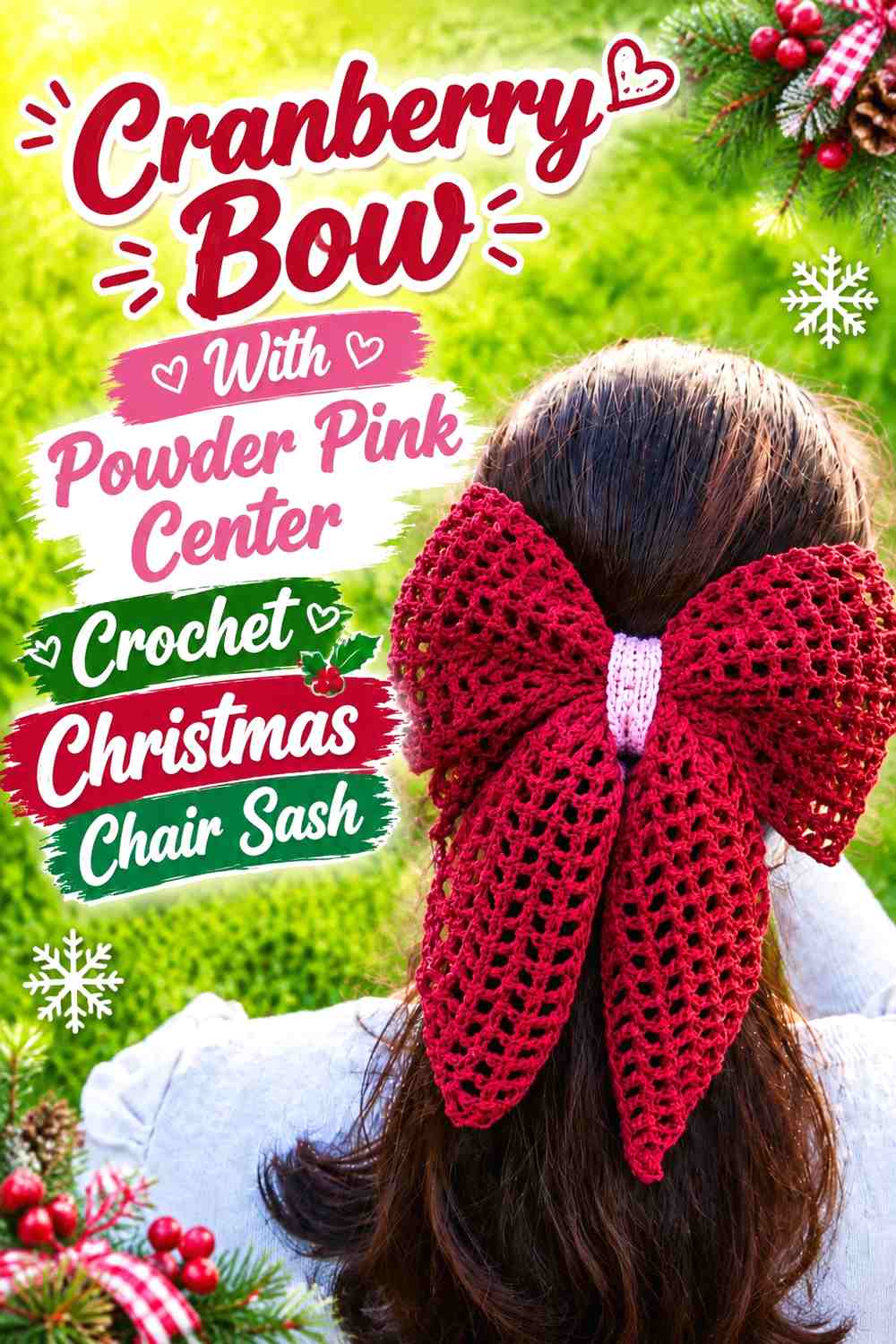 Cranberry Bow With Powder Pink Center Crochet Christmas Chair Sash