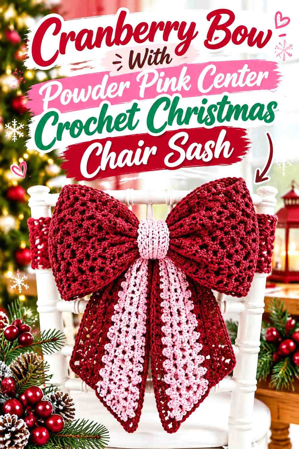 Cranberry Bow With Powder Pink Center Crochet Christmas Chair Sash