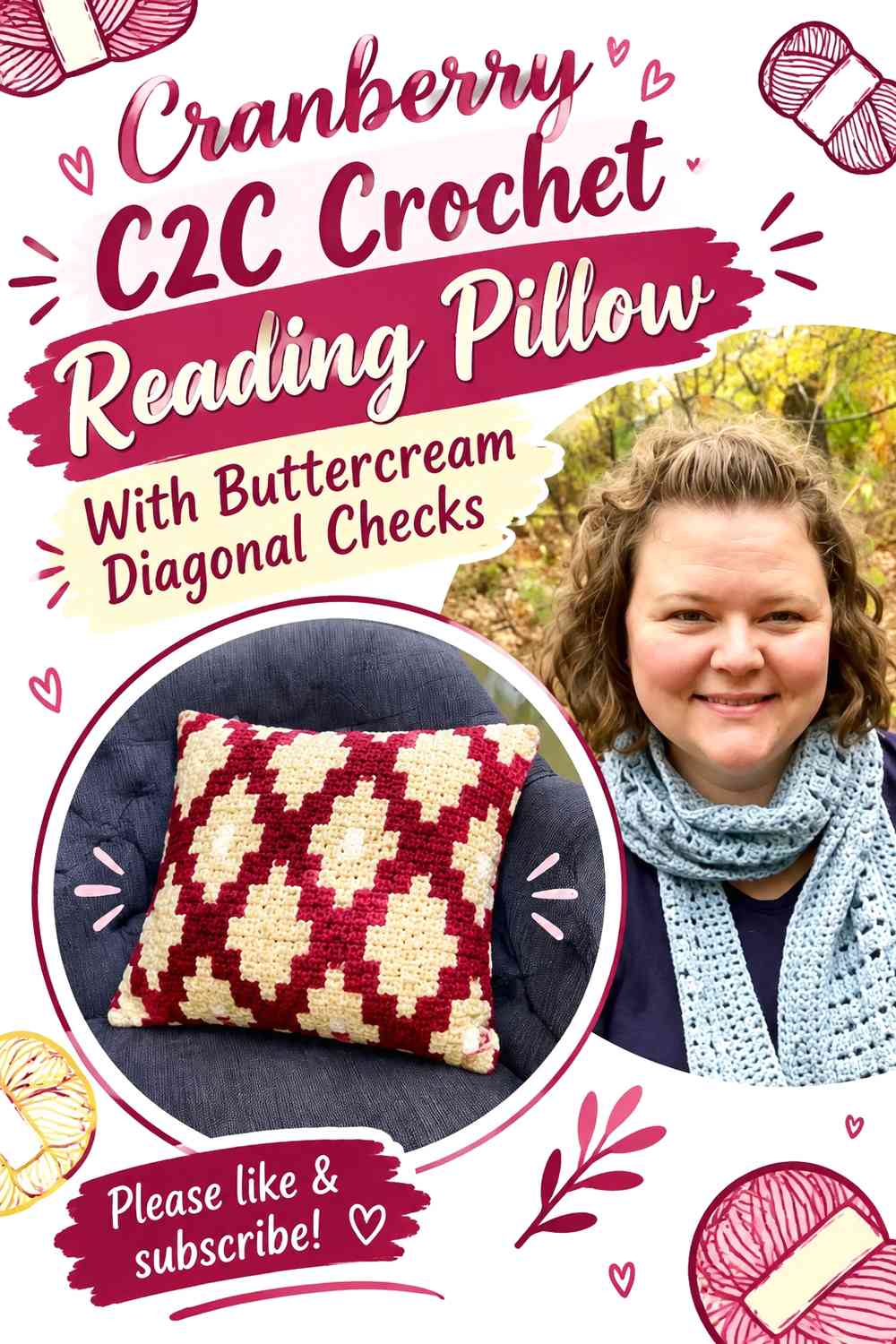Cranberry C2C Crochet Reading Pillow With Buttercream Diagonal Checks