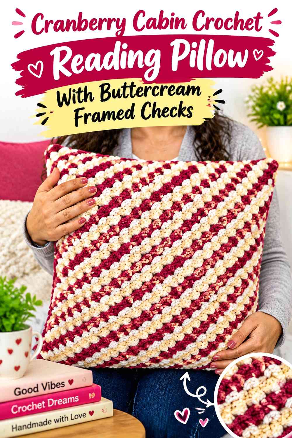 Cranberry Cabin Crochet Reading Pillow With Buttercream Framed Checks