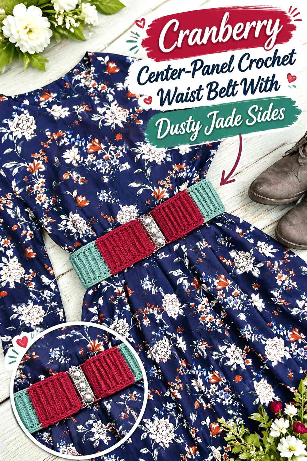 Cranberry Center-Panel Crochet Waist Belt With Dusty Jade Sides