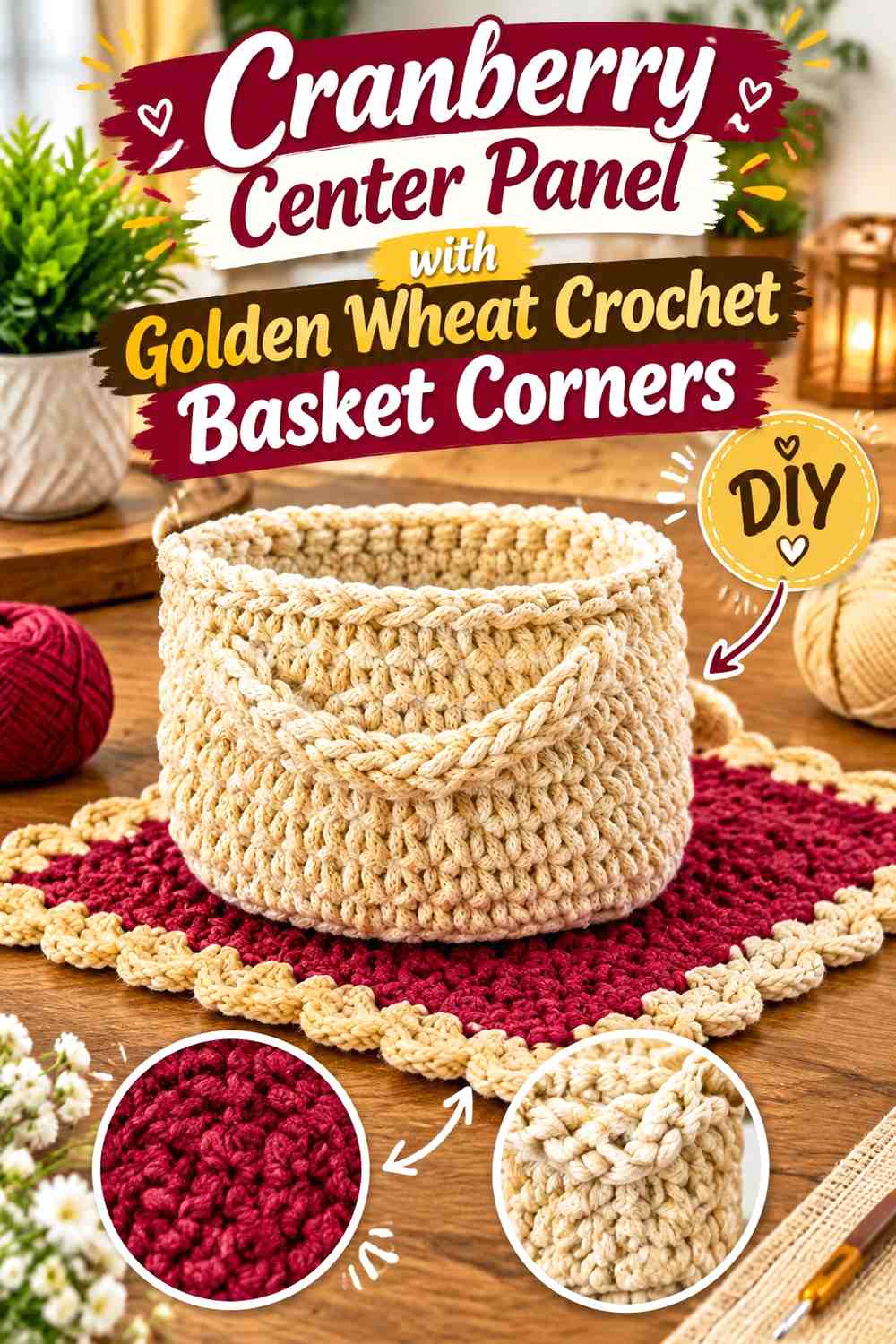 Cranberry Center Panel with Golden Wheat Crochet Basket Corners