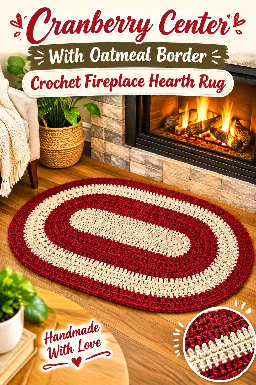 Cranberry Center With Oatmeal Border Crochet Fireplace Hearth Rug